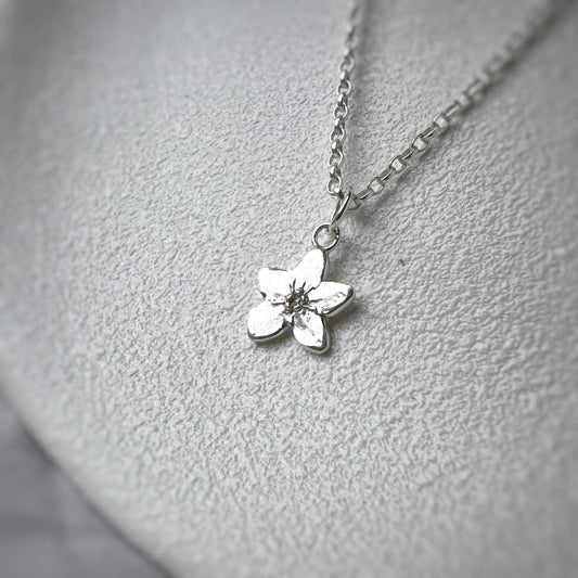 Tiny Forget Me Not Silver Pendant on White Background