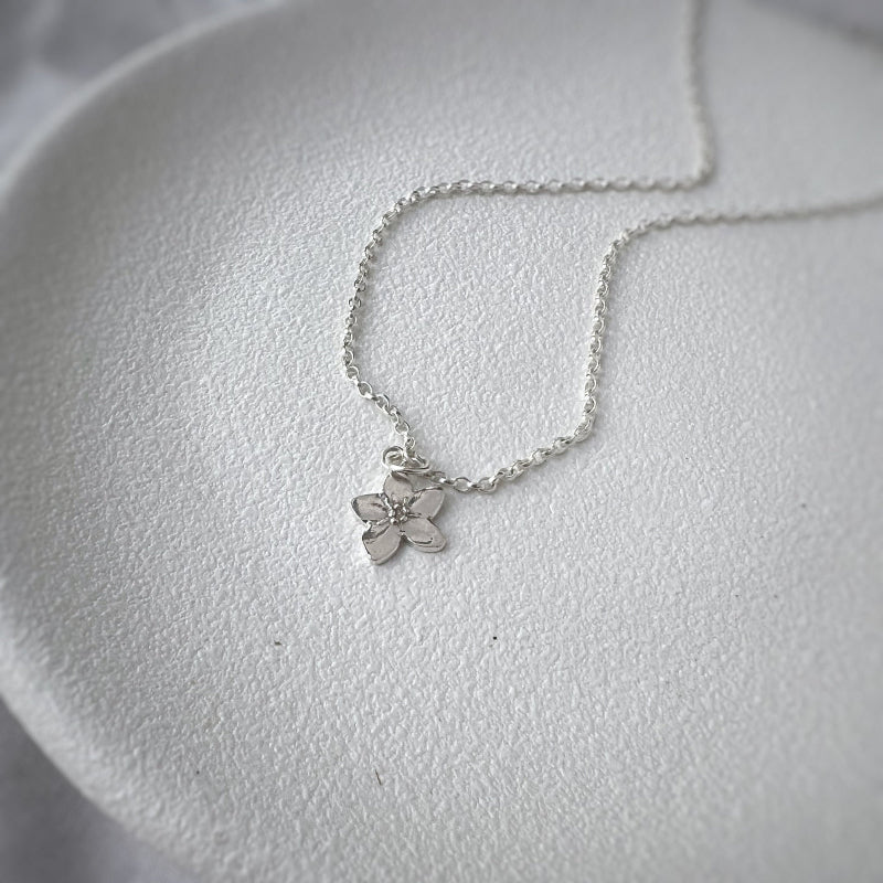 Silver Forget Me Not Necklace on White Background