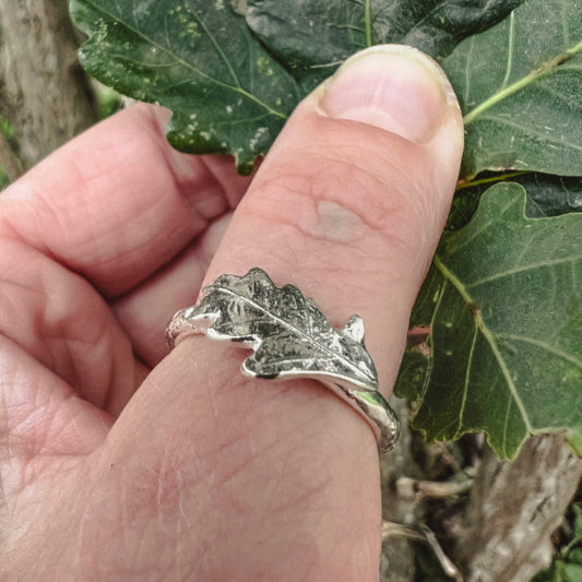 thumb wearing silver oak leaf ring, holding green oak leaves