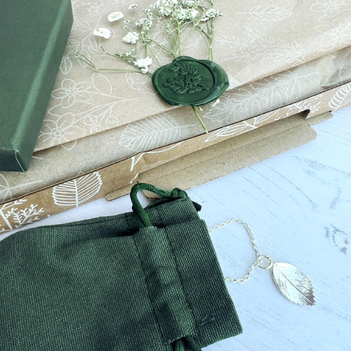Silver Leaves Packaging with mailing box, tissue paper, wax seal, cotton pouch and gift box in green