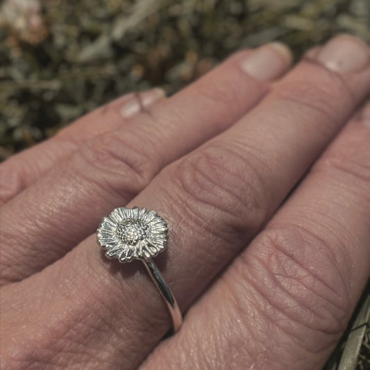 Hand wearing silver daisy ring on grass background