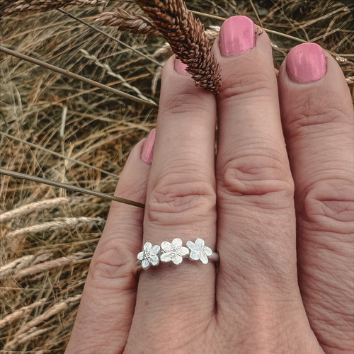 Wearing Sterling Silver Forget Me Not Ring, Grass Background
