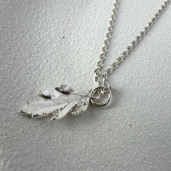 Silver Hawthorn Leaf Pendant on White Background