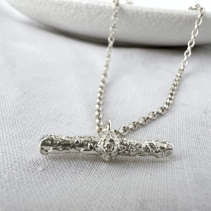 Organic Textured Silver T Bar Necklace on White Background